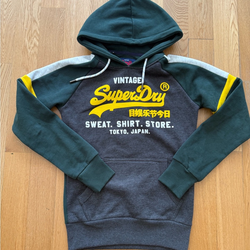 Superdry Vintage Dark Green & Charcoal Hoodie with Yellow Logo